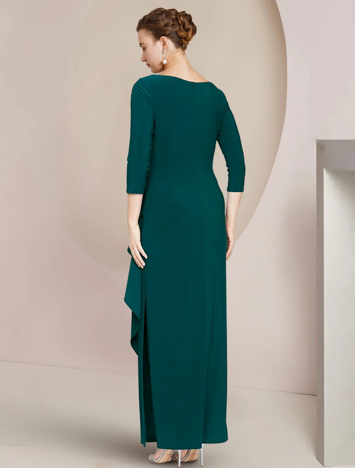 Luolandi Sheath / Column Mother of the Bride Dress Wedding Guest Elegant Scoop Neck Ankle Length Chiffon 3/4 Length Sleeve with Crystals Ruffles