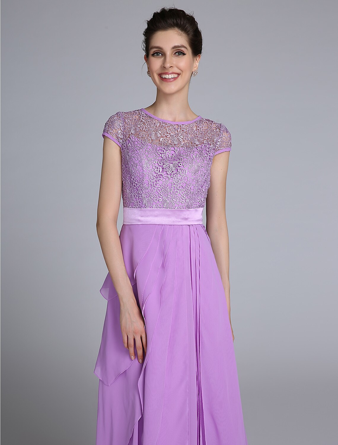 Luolandi Sheath / Column Mother of the Bride Dress See Through Jewel Neck Floor Length Chiffon Short Sleeve