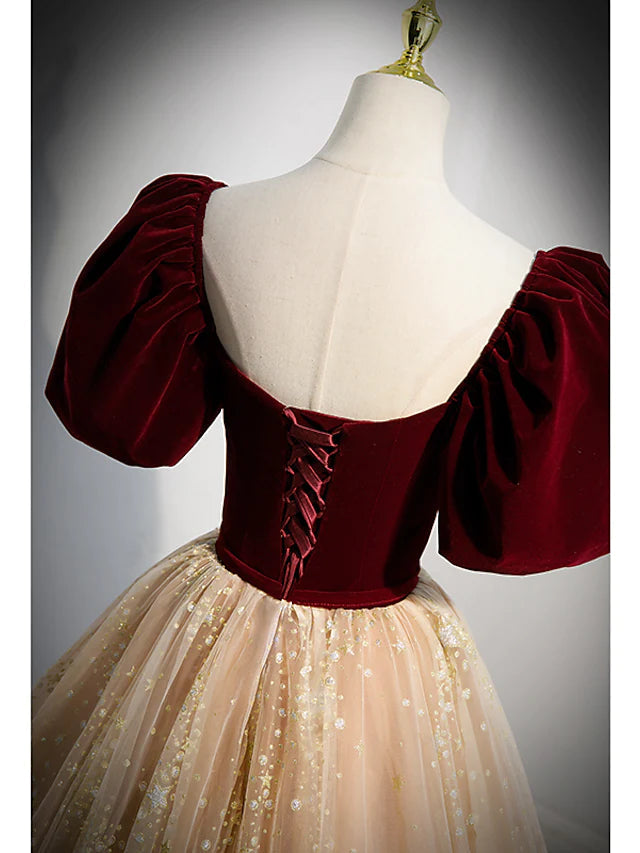 Luolandi A-Line Prom Dresses Princess Dress Engagement Floor Length Short Sleeve Sweetheart Tulle with Bow(s)