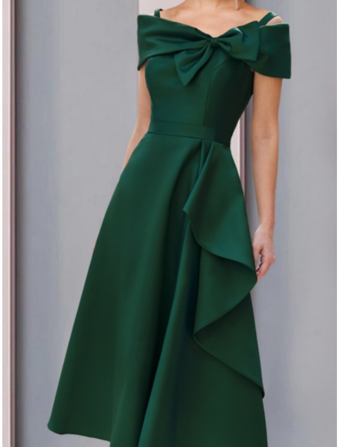 Luolandi A-Line Mother of the Bride Dress Wedding Guest Elegant Off Shoulder Tea Length Satin Short Sleeve with Bow(s)