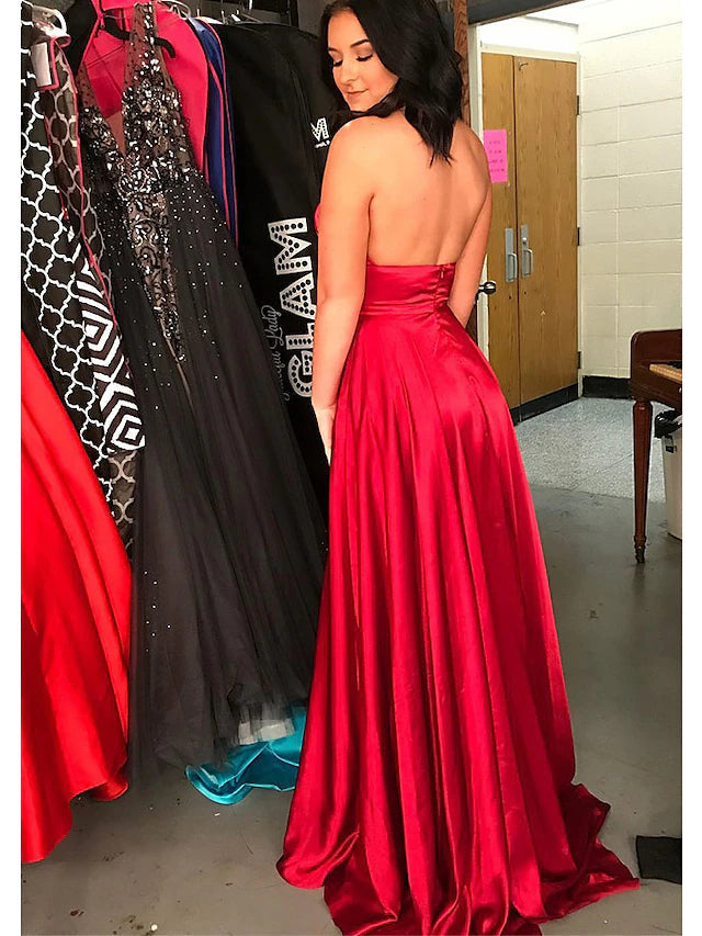 Luolandi A-Line Prom Dresses Sexy Formal Court Train Sleeveless Backless Elegant Evening Party Dress With Slit