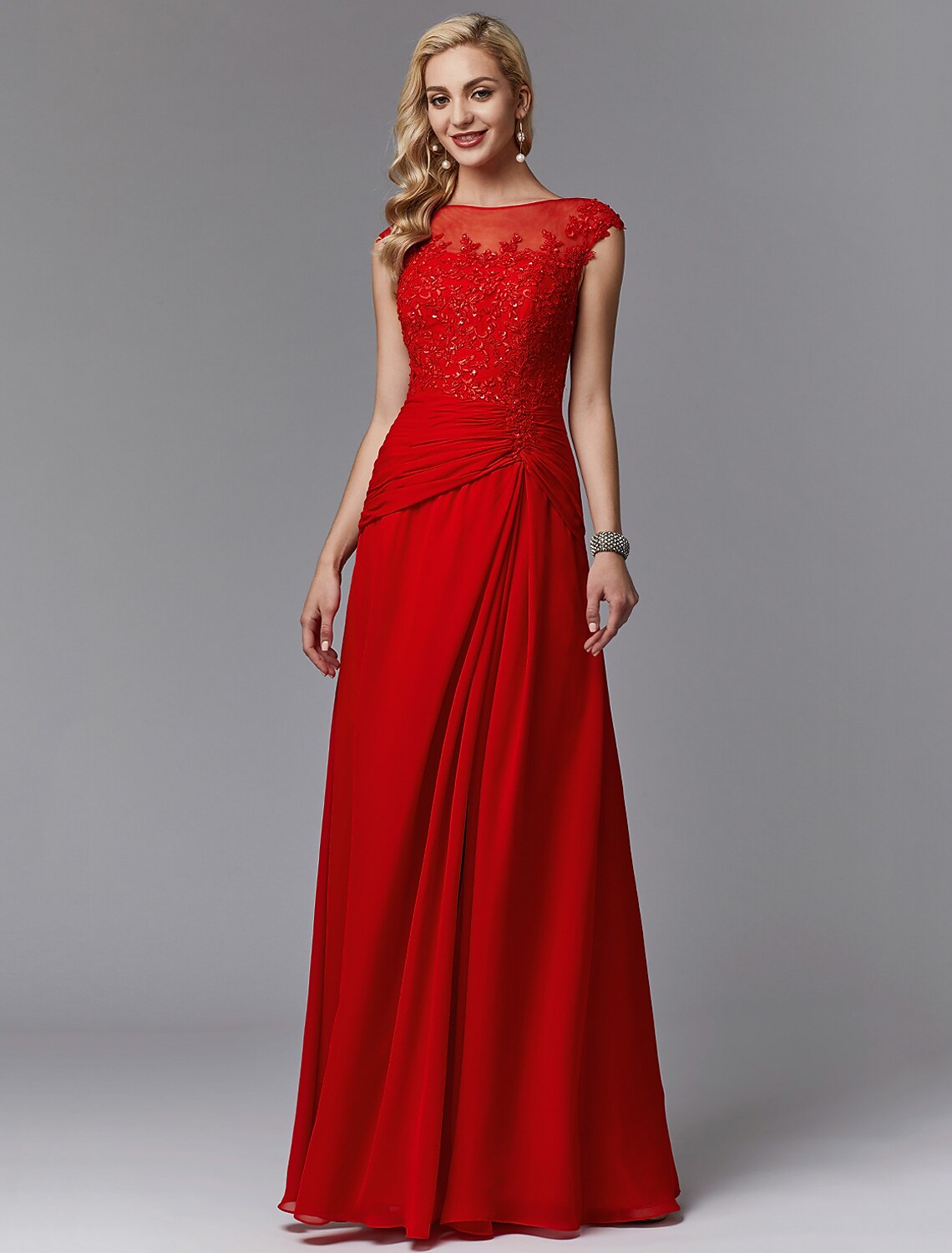 Luolandi Sheath / Column Mother of the Bride Dress Chinese Style See Through Illusion Detail Boat Neck Floor Length Chiffon Lace Sleeveless with Pleats Beading