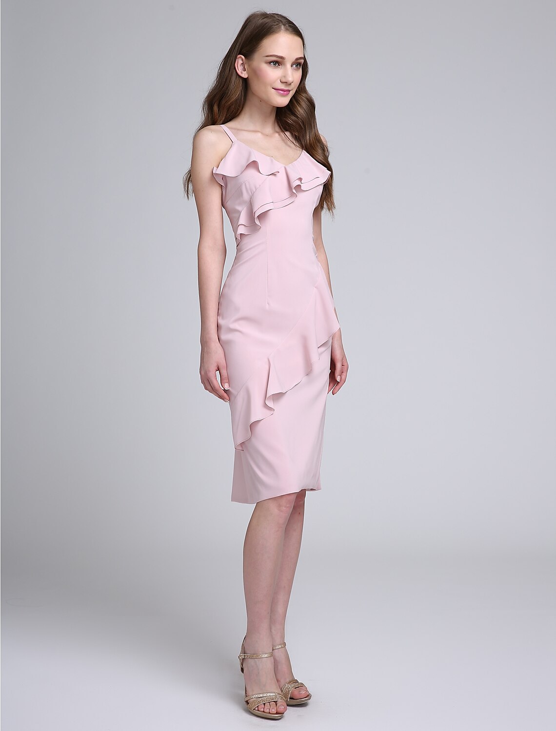 Luolandi Sheath / Column Bridesmaid Dress Spaghetti Strap Sleeveless Elegant Knee Length Chiffon