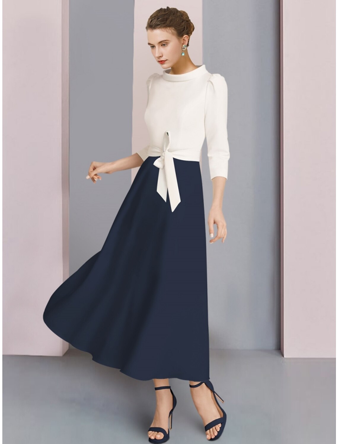 Luolandi A-Line Mother of the Bride Dress Wedding Guest Elegant Scoop Neck Ankle Length Fabric 3/4 Length Sleeve