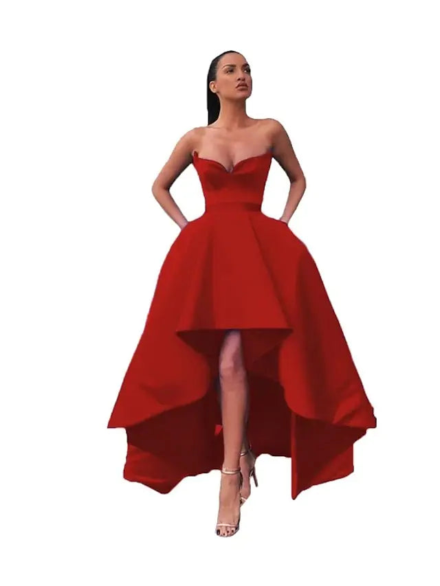 Luolandi A-Line Prom Dresses Sexy Dress Prom Asymmetrical Sleeveless Off Shoulder Pocket Satin Party Dress Evening Dress