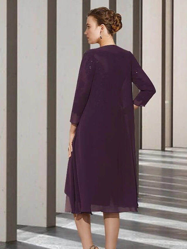 Luolandi Two Piece A-Line Mother of the Bride Dress Church Elegant Jewel Neck Knee Length Chiffon Lace 3/4 Length Sleeve Jacket Dresses