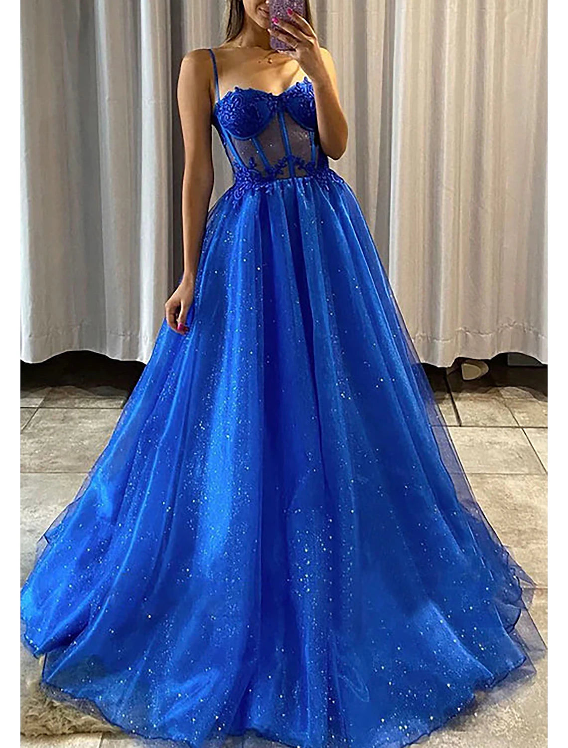Luolandi A-Line Prom Dresses Glittering Dress Formal Floor Length Sleeveless Spaghetti Strap Tulle Backless with Pleats