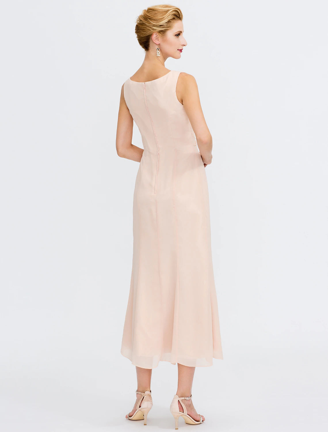 Luolandi Two Piece Sheath / Column Mother of the Bride Dress Fall Wedding Guest Dresses Plus Size Elegant Jewel Neck Tea Length Chiffon Sleeveless Wrap Included with Sash / Ribbon Pleats