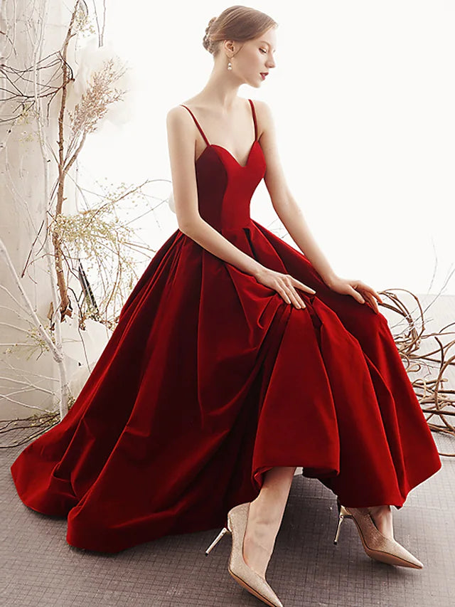 Luolandi A-Line Prom Dresses Beautiful Back Dress Party Wear Ankle Length Sleeveless Spaghetti Strap Velvet with Sleek
