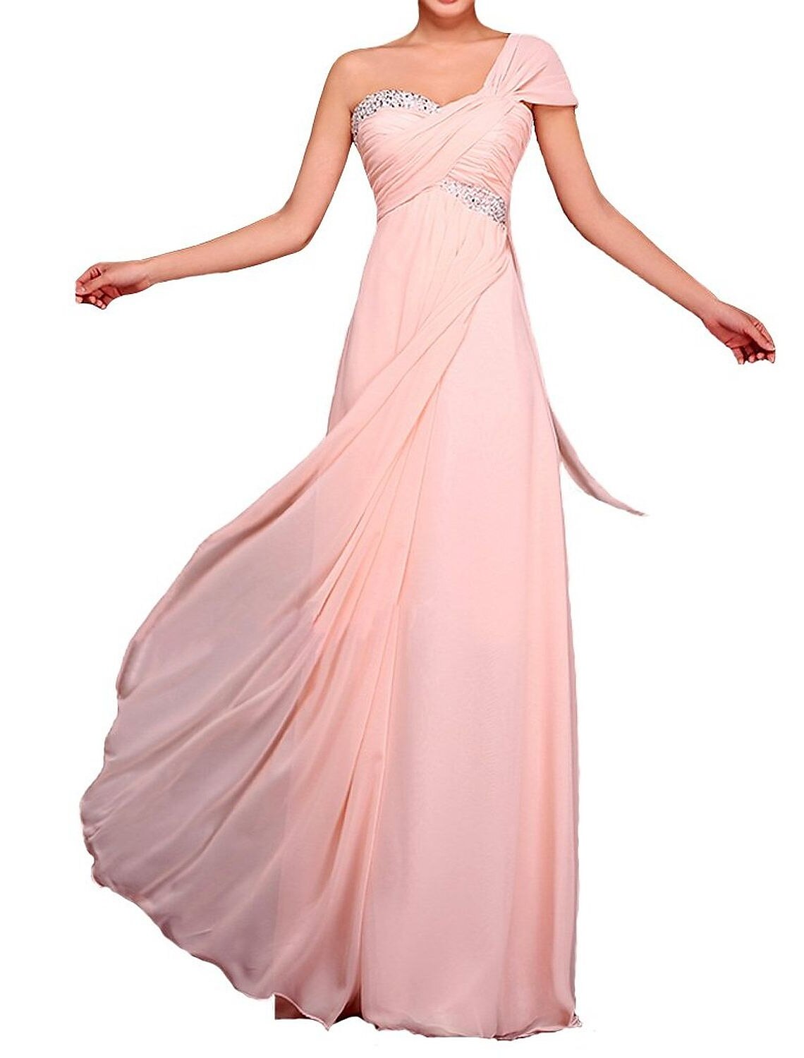Luolandi Sheath / Column Evening Gown Beautiful Back Dress Wedding Guest Floor Length Short Sleeve One Shoulder Chiffon