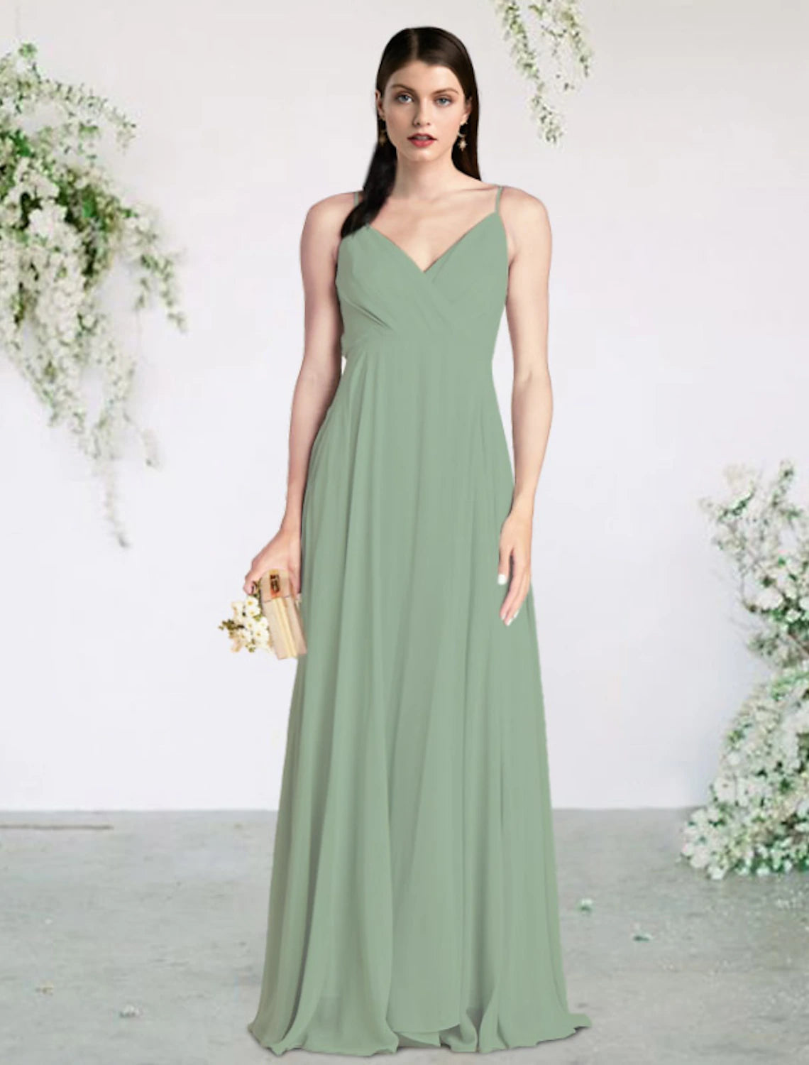 Luolandi A-Line Bridesmaid Dress V Neck / Spaghetti Strap Sleeveless Sexy Floor Length with Pleats
