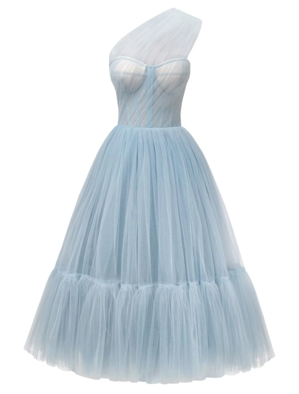 Luolandi A-Line Prom Dresses Elegant Dress Formal Tea Length Sleeveless One Shoulder Tulle