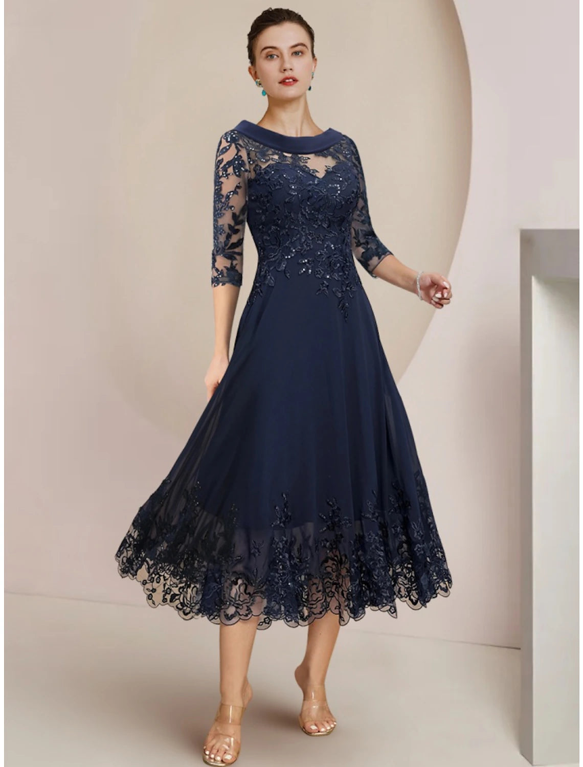 Luolandi A-Line Mother of the Bride Dress Wedding Guest Elegant Petite Scoop Neck Tea Length Chiffon Lace Half Sleeve with Sequin Ruching