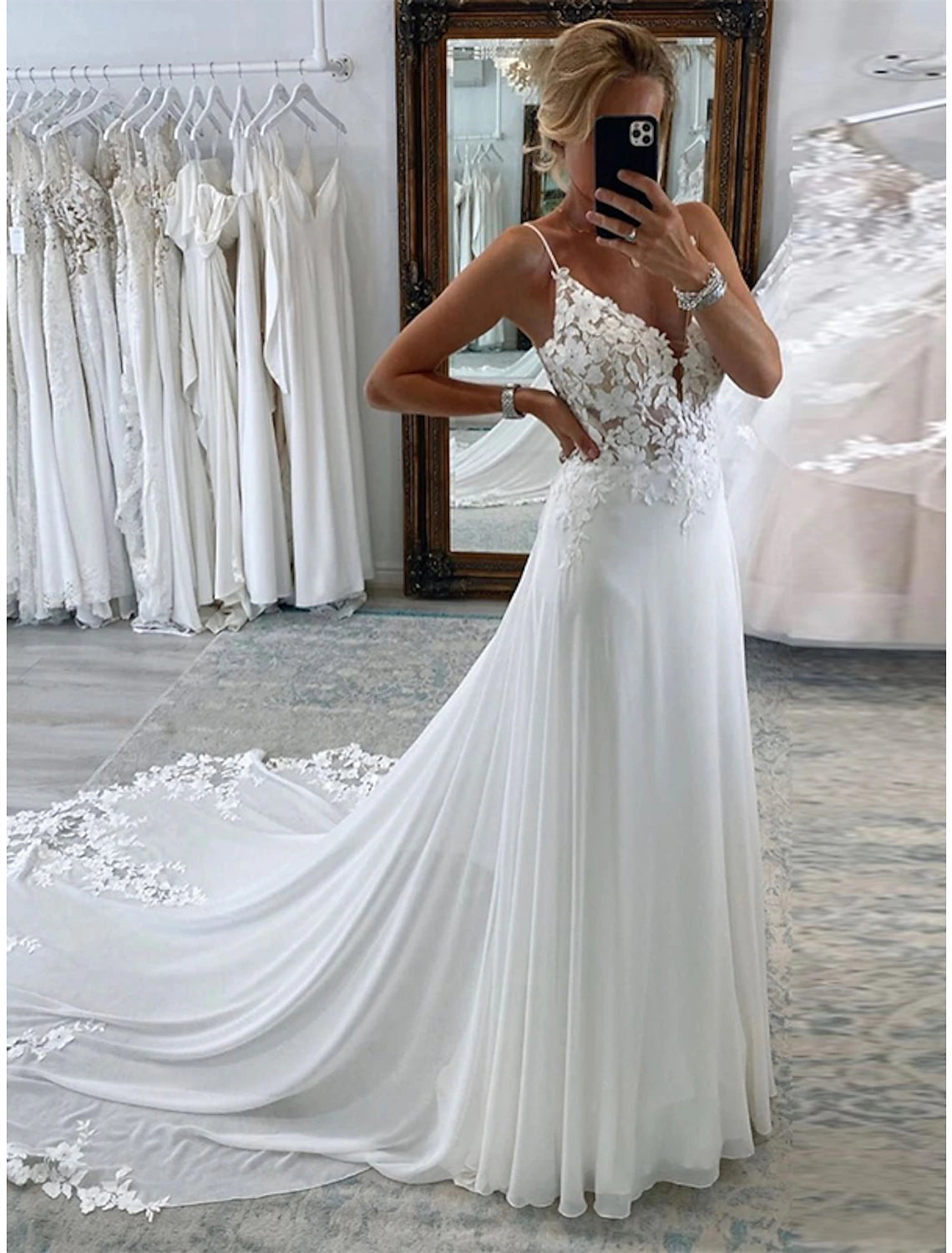 Luolandi Reception Formal Wedding Dresses A-Line Camisole Sleeveless Court Train Chiffon Bridal Suits Bridal Gowns