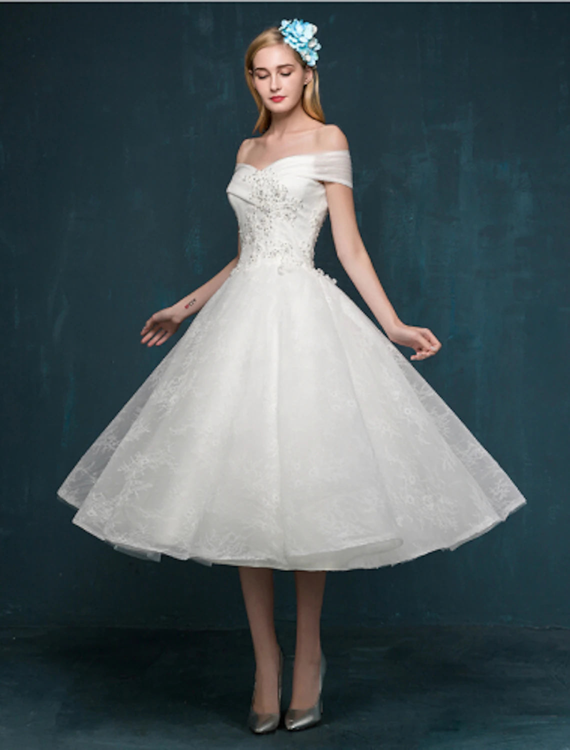Luolandi Reception Little Dresses Wedding Dresses A-Line Off Shoulder Cap Sleeve Tea Length Lace Bridal Gowns With Beading