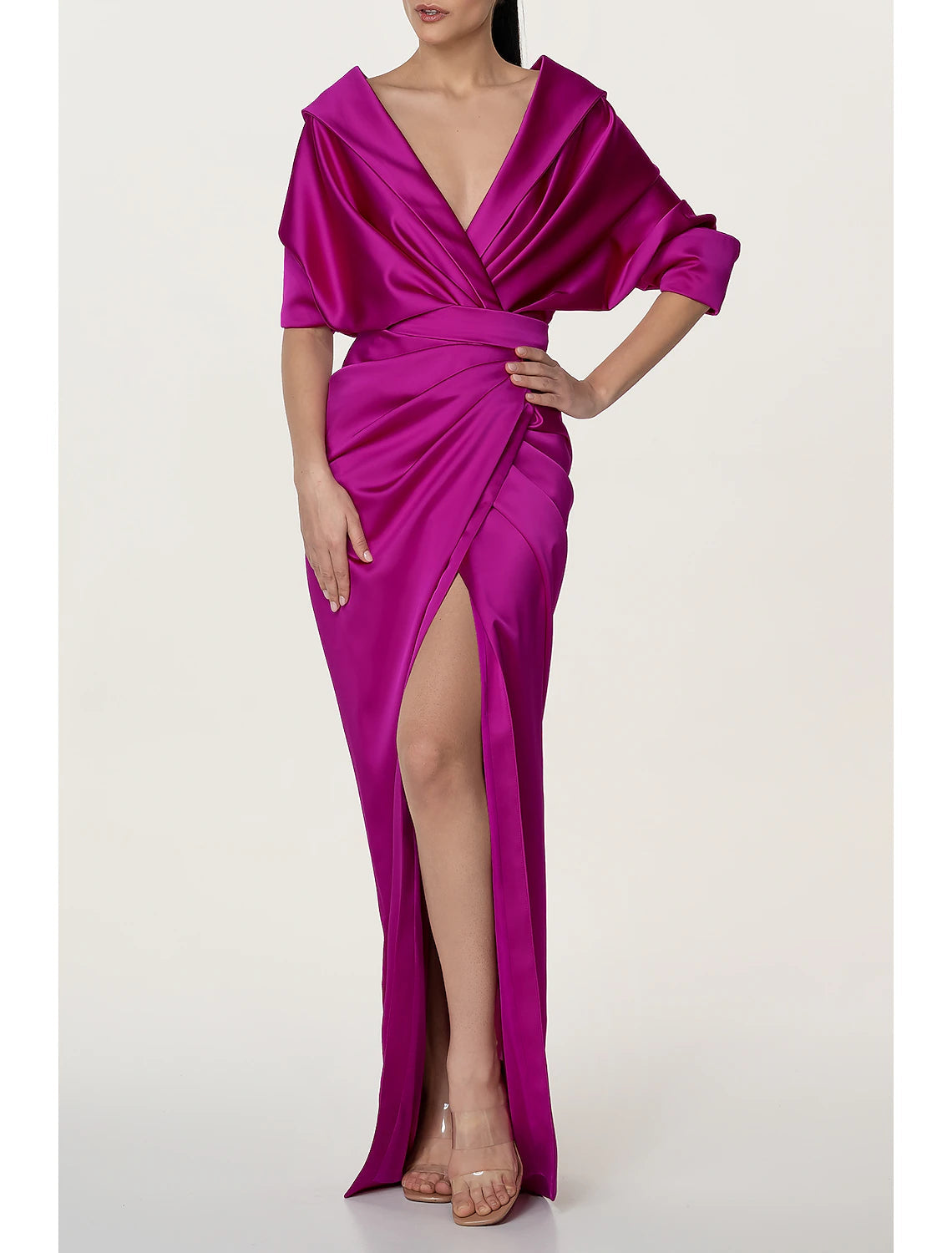 Luolandi A-Line Evening Gown Black Dress Elegant Dress Formal Fall Sweep / Brush Train Half Sleeve V Neck Satin with Ruched