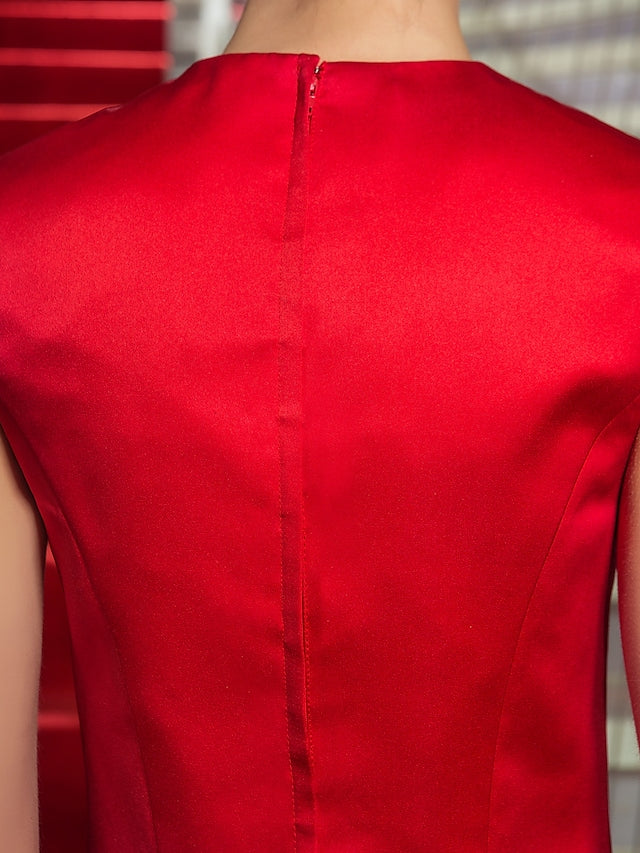 Luolandi A-Line Elegant Dress Christmas Knee Length Sleeveless Jewel Neck Satin with Beading