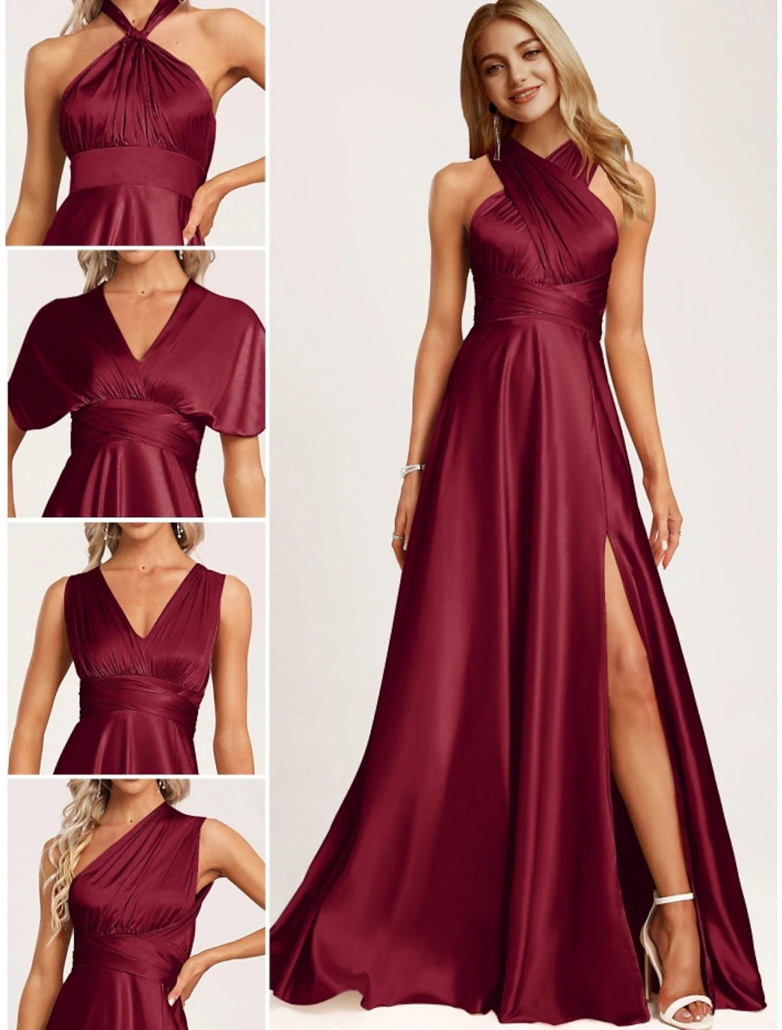 Luolandi Bridesmaid Dress Halter Neck Sleeveless Elegant Floor Length Satin with Split Front / Ruching