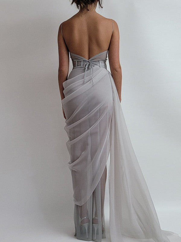 Luolandi Organza Ruched Spaghetti Straps Sleeveless Long Prom Dresses