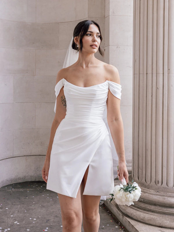 Luolandi Off-the-Shoulder Short Satin Cowl Neck Simple Formal Wedding Dress With Slit