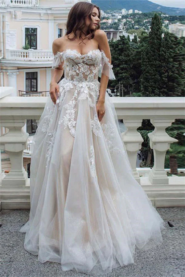 Luolandi Off The Shoulder Appliques Wedding Dress A Line Tulle Bridal Dress Floor Length Elegant