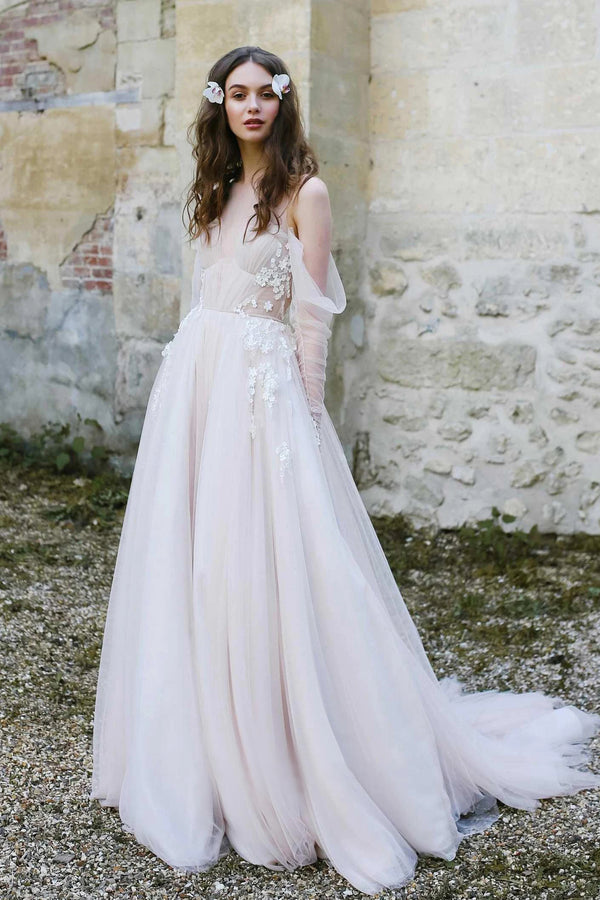 Luolandi Off-The-Shoulder Tulle Illusion Sleeve Dress With Appliques Beautiful Wedding Dress