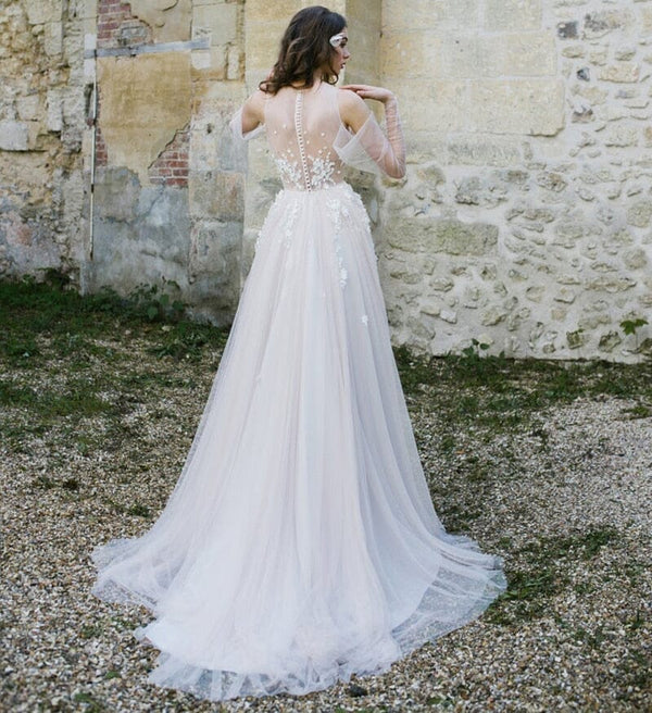 Luolandi Off-The-Shoulder Tulle Illusion Sleeve Dress With Appliques Beautiful Wedding Dress