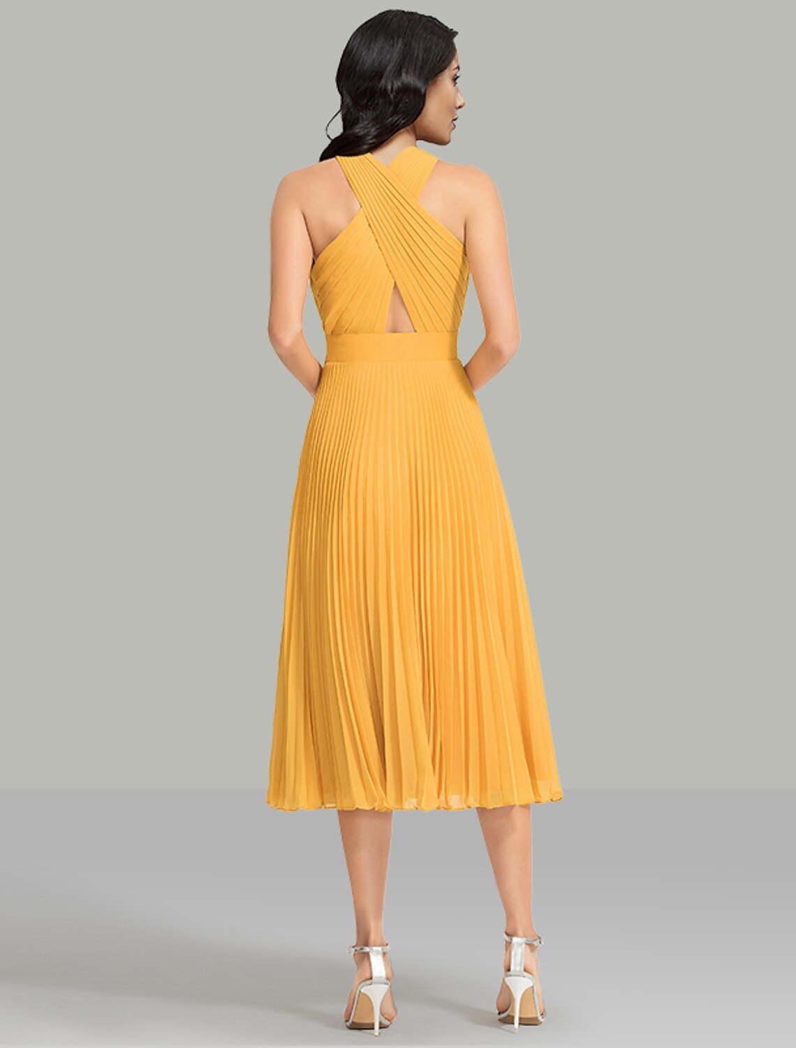 Luolandi A-Line Wedding Guest Dresses Elegant Dress Cocktail Party Wedding Party Tea Length Sleeveless Halter Neck Chiffon