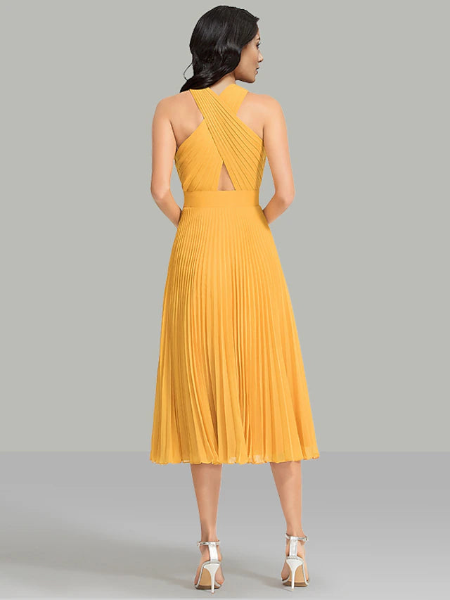 Luolandi A-Line Wedding Guest Dresses Elegant Dress Cocktail Party Tea Length Sleeveless Halter Chiffon