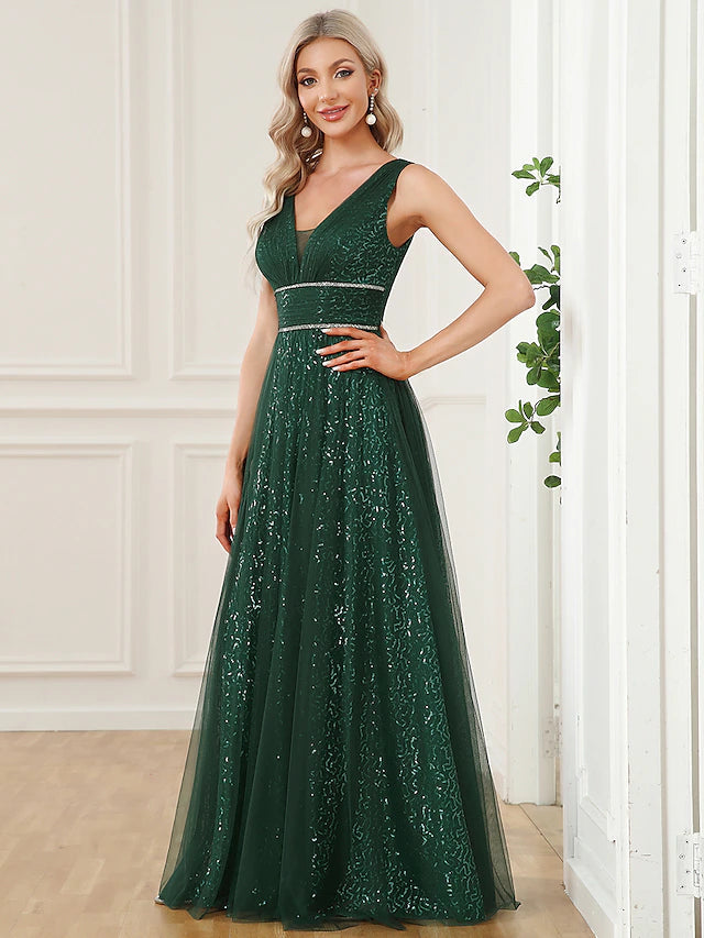 Luolandi A-Line Prom Dresses Elegant Dress Party Wear Floor Length Sleeveless V Neck Sequined V Back
