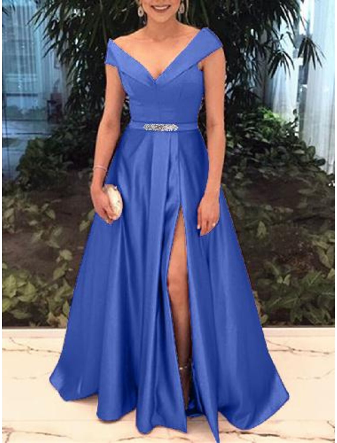 Luolandi A-Line Elegant Prom Formal Evening Valentine's Day Dress Off Shoulder Short Sleeve Sweep / Brush Train Satin with Split