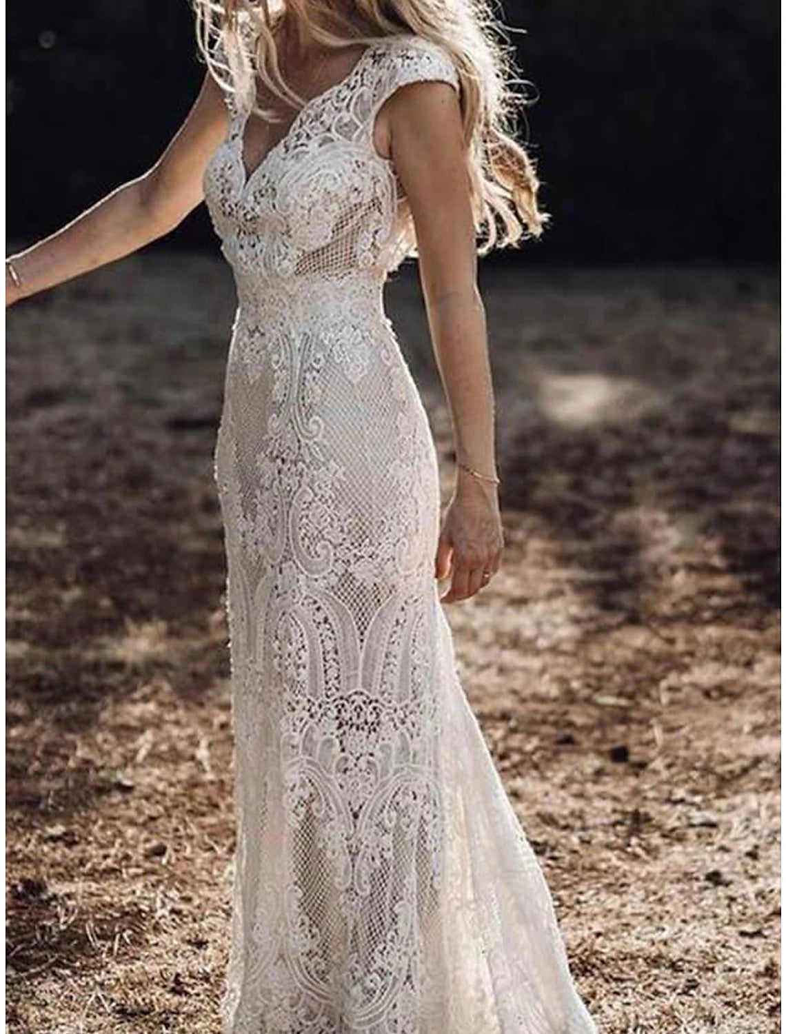 Luolandi Beach Boho Wedding Dresses Mermaid / Trumpet V Neck Cap Sleeve Court Train Lace Bridal Gowns With Appliques