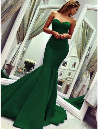 Mermaid Party Dress Minimalist Sexy Wedding Guest Formal Evening Valentine‘s Day Dress Strapless Sleeveless Court Train Stretch Fabric