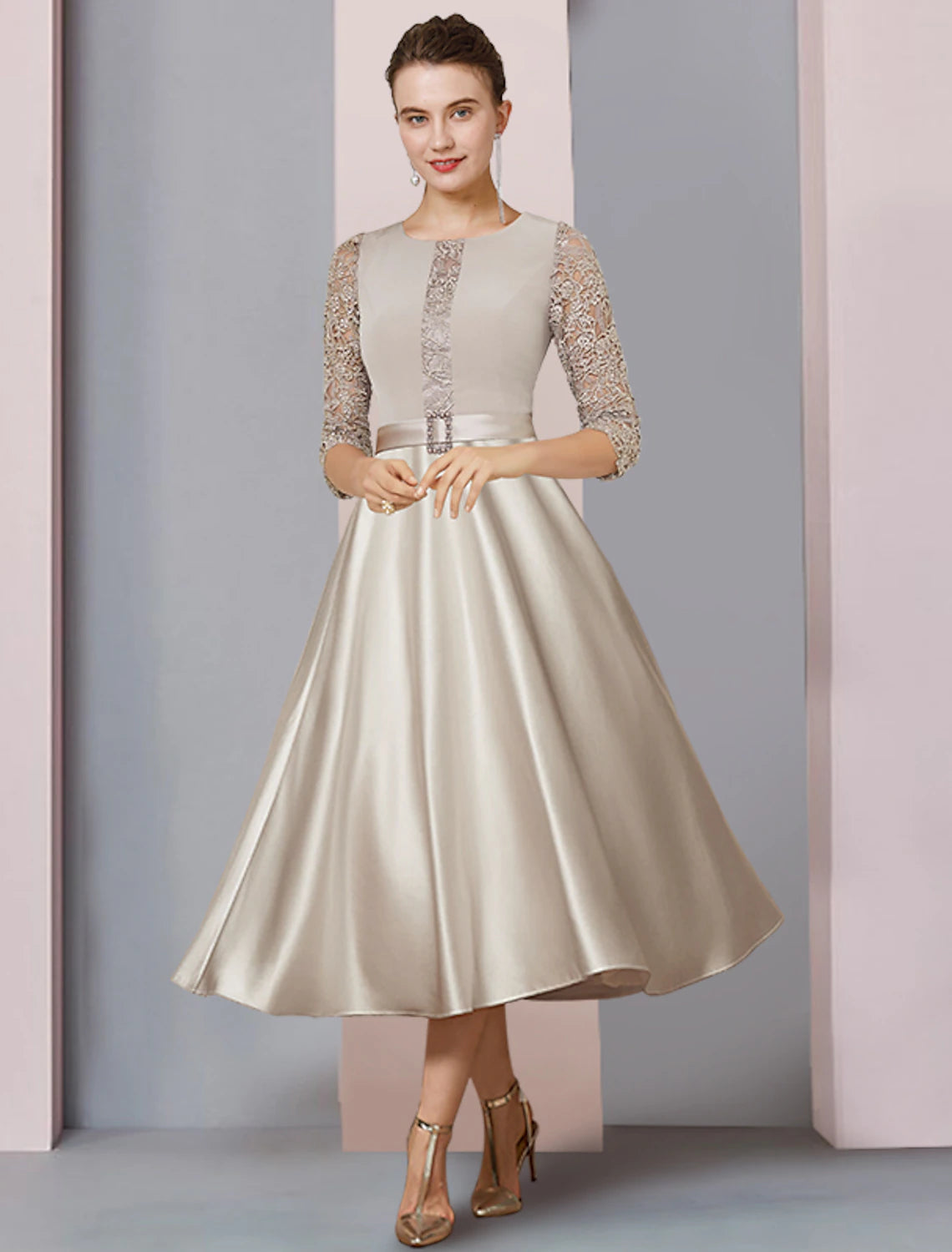 Luolandi A-Line Mother of the Bride Dress Formal Wedding Guest Party Elegant Scoop Neck Tea Length Satin Lace Half Sleeve with Crystal