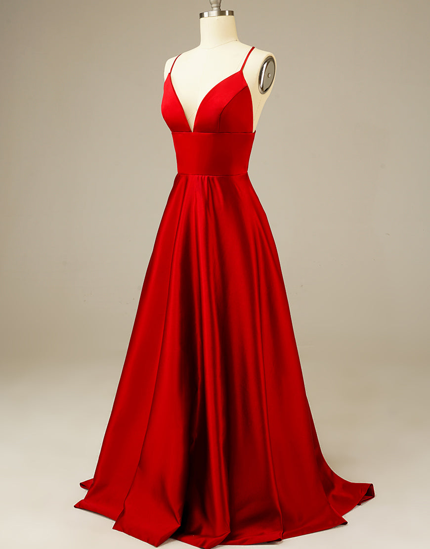 Luolandi Simple Long Satin Red Prom Dress V-neck Floor Length Sexy Evening Dresses