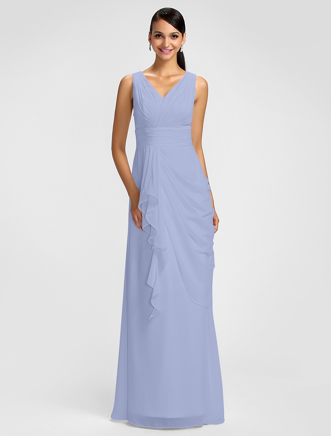 Luolandi Sheath / Column V Neck Floor Length Chiffon Bridesmaid Dress with Draping / Sash / Ribbon