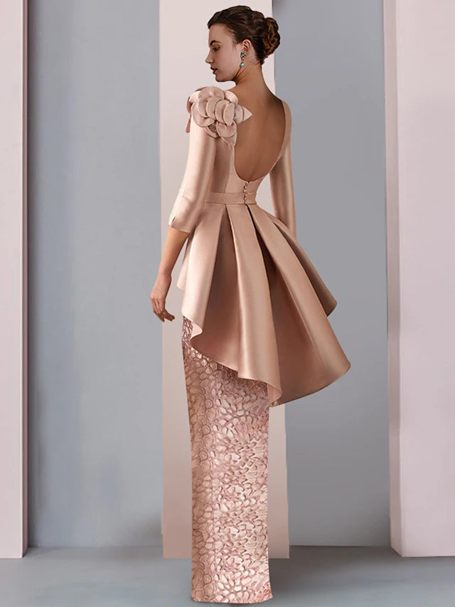 Luolandi Sheath / Column Mother of the Bride Dress Wedding Guest Party Elegant V Neck Floor Length Satin Lace 3/4 Length Sleeve with Flower