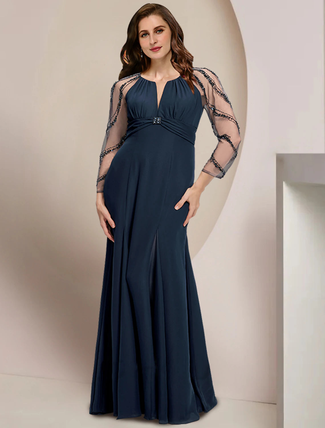 Luolandi Mother of the Bride Dresses Plus Size Curve Hide Belly Wedding Guest Vintage Elegant V Neck Floor Length Chiffon Long Sleeve with Pleats