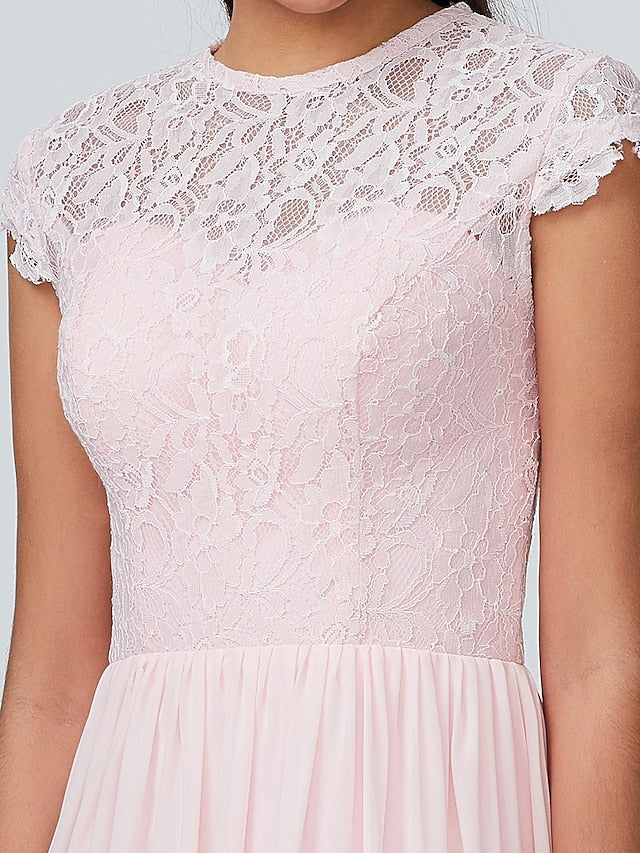 Luolandi A-Line Bridesmaid Dress Jewel Neck Sleeveless Elegant Floor Length Chiffon with Lace Sparkle & Shine