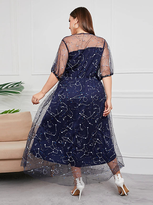 Luolandi Plus Size Curve Mother of the Bride Dress Party Sparkle & Shine Scoop Neck Ankle Length Tulle Half Sleeve with Sequin