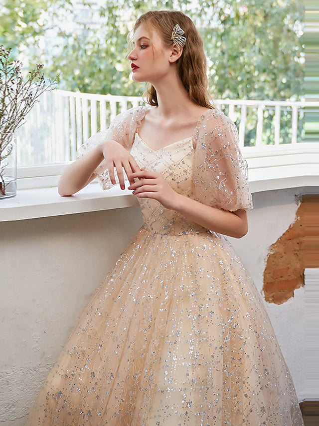 Luolandi A-Line Glittering Elegant Prom Formal Evening Dress Scoop Neck Short Sleeve Floor Length Tulle with Pleats Sequin