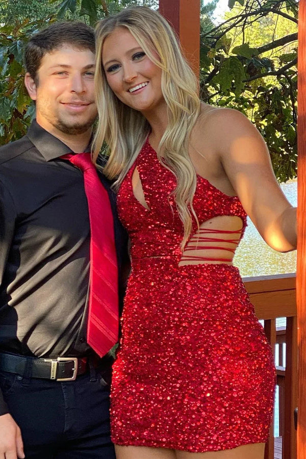 Luolandi One Shoulder Lavender Cutout Sequin Tight Homecoming Dress Sparkly Party Dress