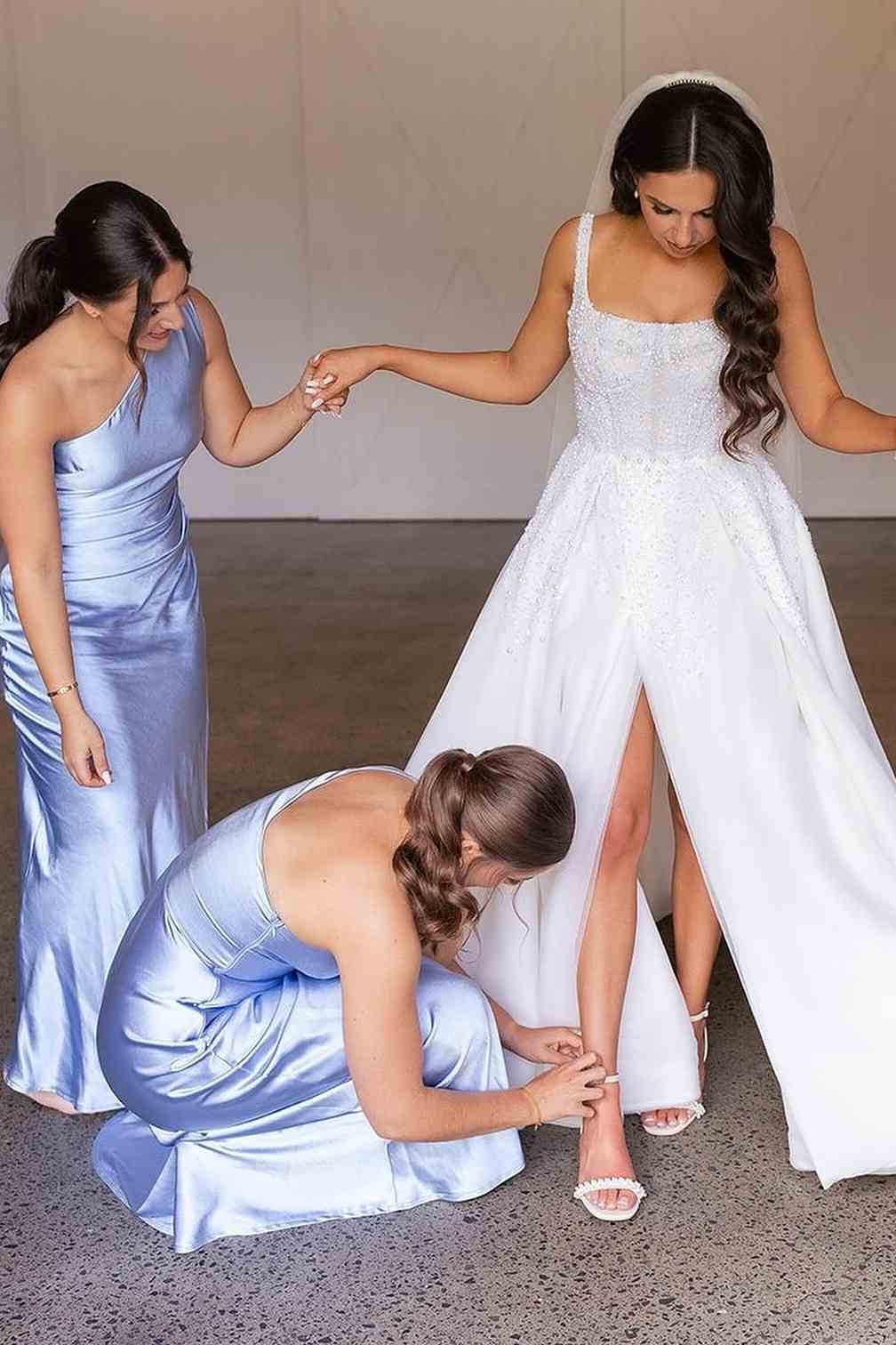 Luolandi One Shoulder Sleeveless Satin Pleated Long Bridesmaid Dress Elegant Evening Party Dress