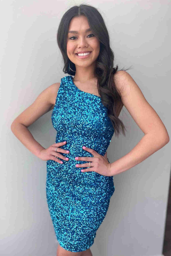 Luolandi One Shoulder Tight Sky Blue Homecoming Dress Sparkly Party Dress
