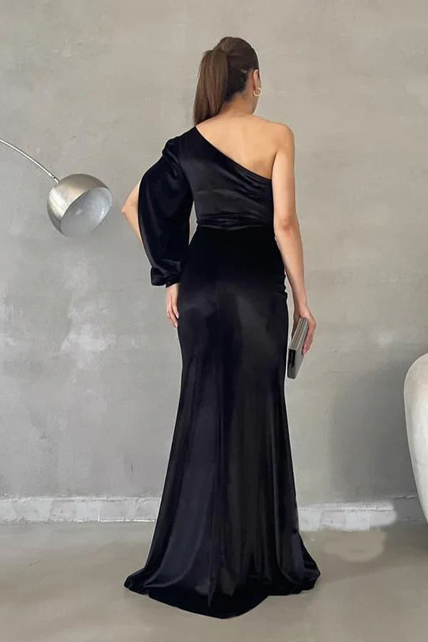 Luolandi Unique and modern one shoulder long sleeved prom dress Evening Dress With Slit