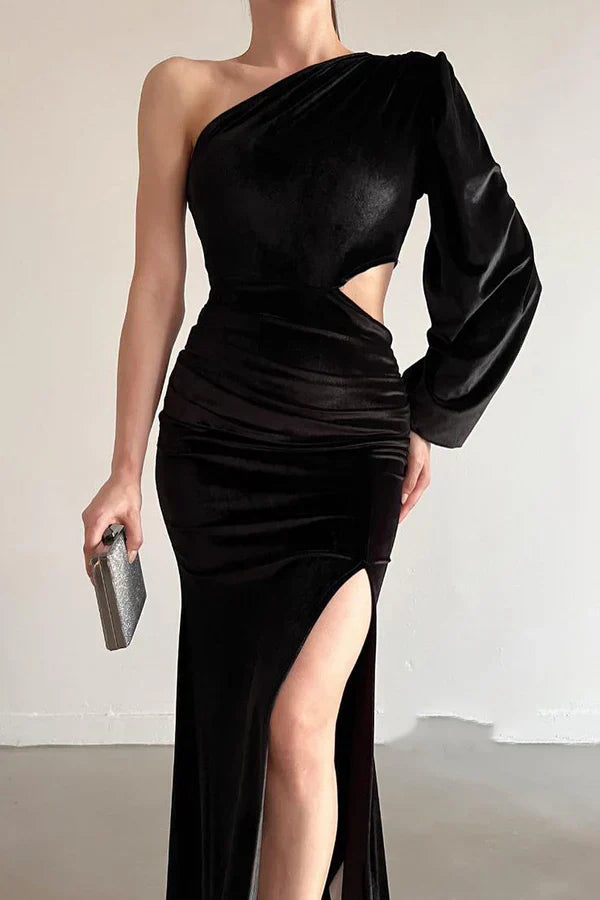 Luolandi One shoulder long sleeved black velvet slit long evening dress Sexy