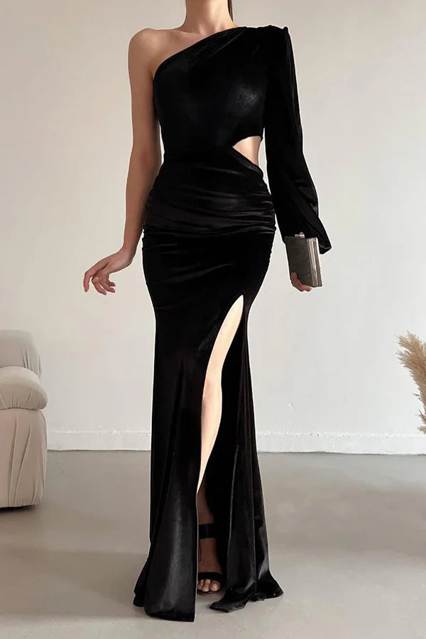Luolandi One shoulder long sleeved black velvet slit long evening dress Sexy