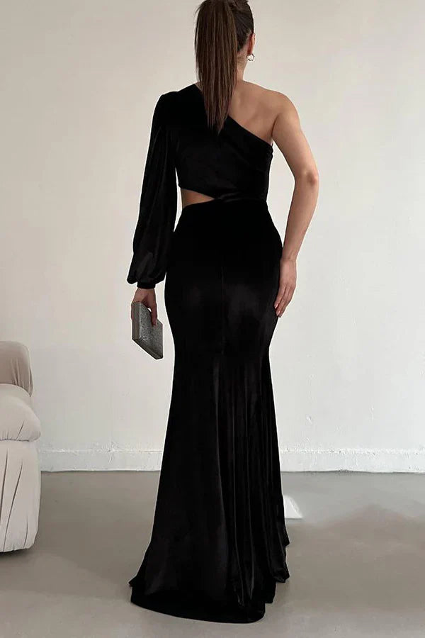 Luolandi One shoulder long sleeved black velvet slit long evening dress Sexy