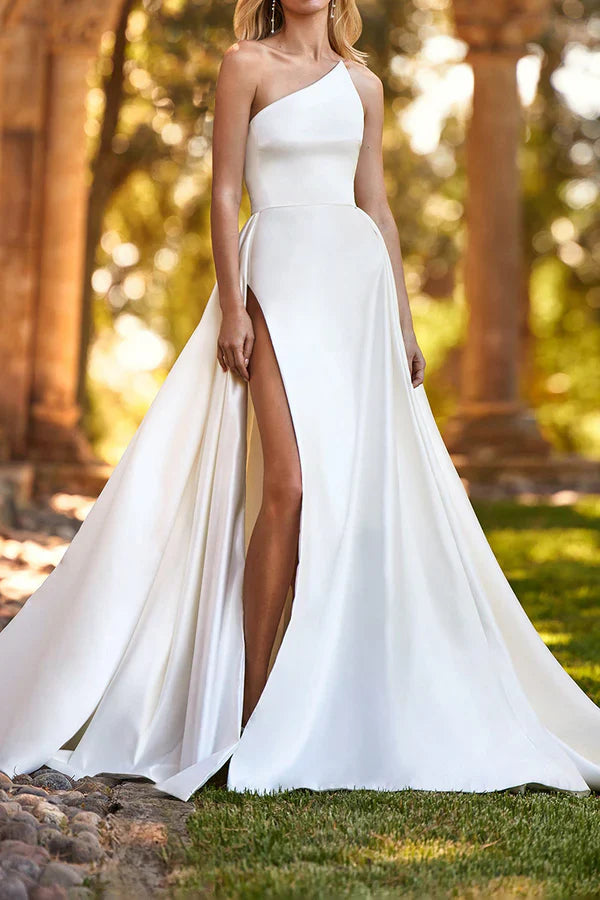 Luolandi A-shaped single shoulder side slit satin wedding dress Sexy