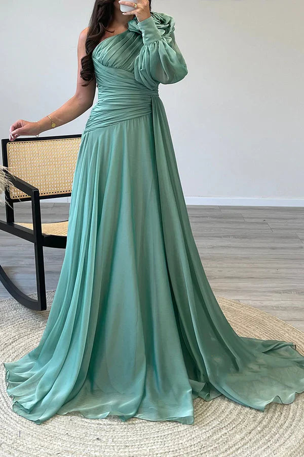 Luolandi A-line One Shoulder Pleated Long Prom Dress Elegant Evening Party Dress Chic Wedding Guest Dress